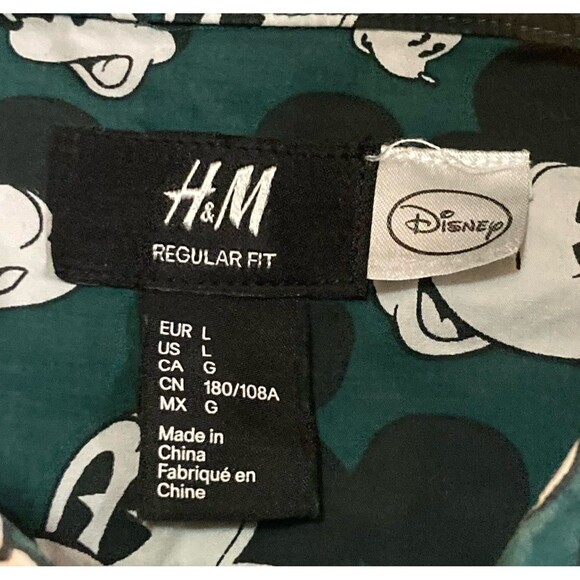 H&M x Disney Mickey Mouse Face Button Shirt Dark Green Regular Fit Mens Large - Picture 6 of 7